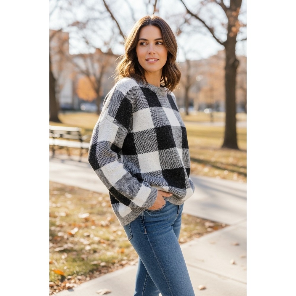 CHELSEA & THEODORE Buffalo‎ Plaid Crewneck Sweater Black White Cozy Knit XL